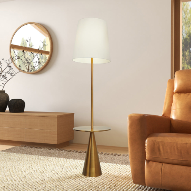 Celestial Arc Floor Lamp with Brass Shelf Table