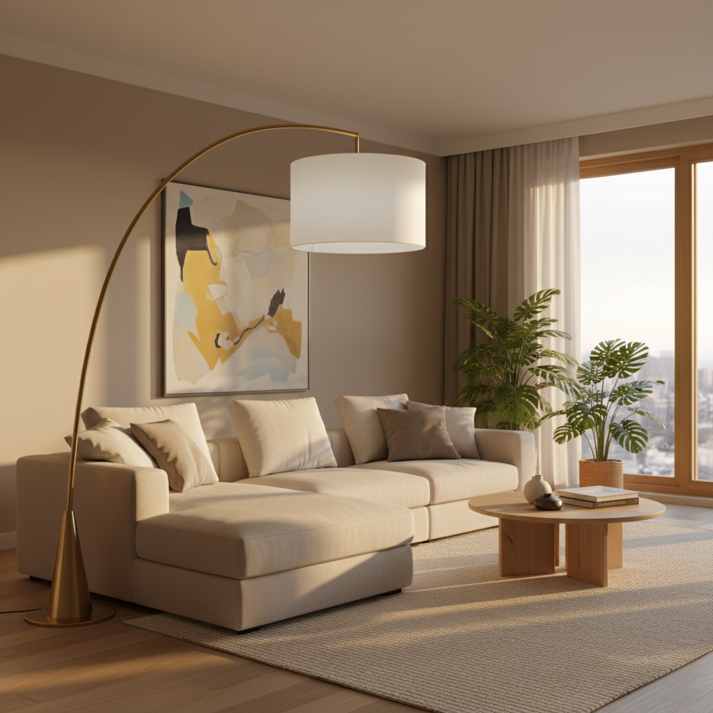 Celestial Arc Floor Lamp with Brass Shelf Table