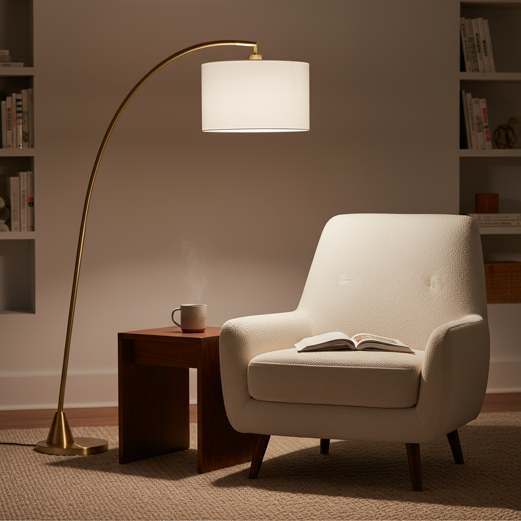 Celestial Arc Floor Lamp with Brass Shelf Table