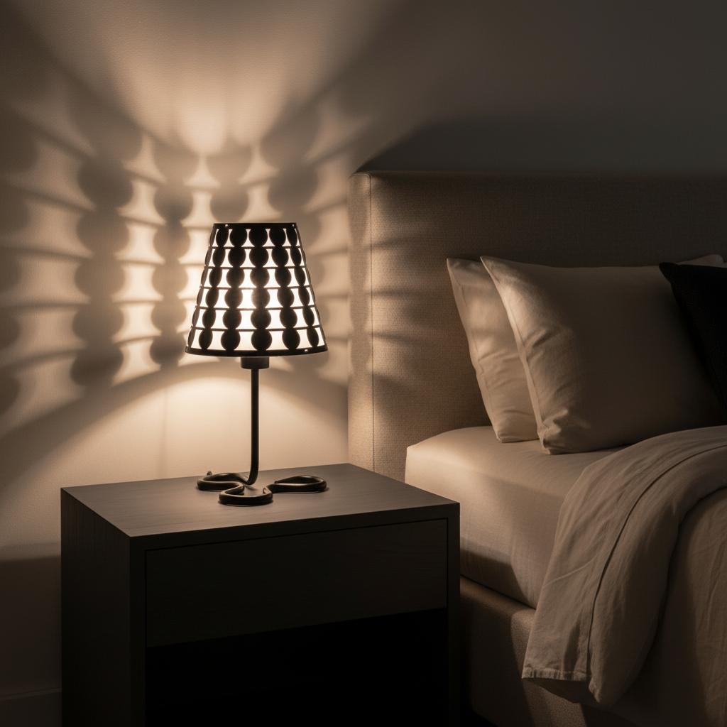 Geometric Metal Table Lamp — Matte Black, Patterned Light