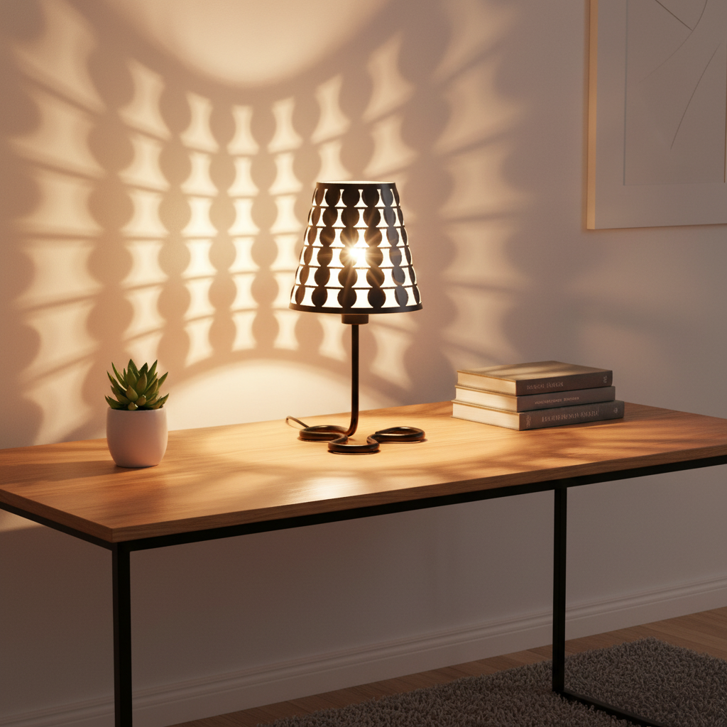 Geometric Metal Table Lamp — Matte Black, Patterned Light