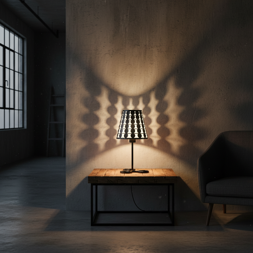 Geometric Metal Table Lamp — Matte Black, Patterned Light