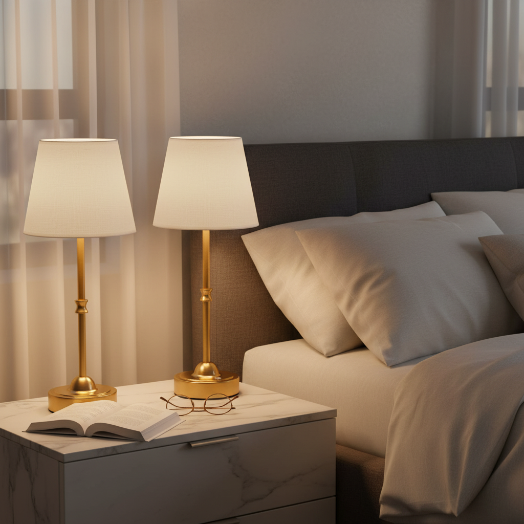 Fabric Shade Cordless Lamp Set of 2 — Gold