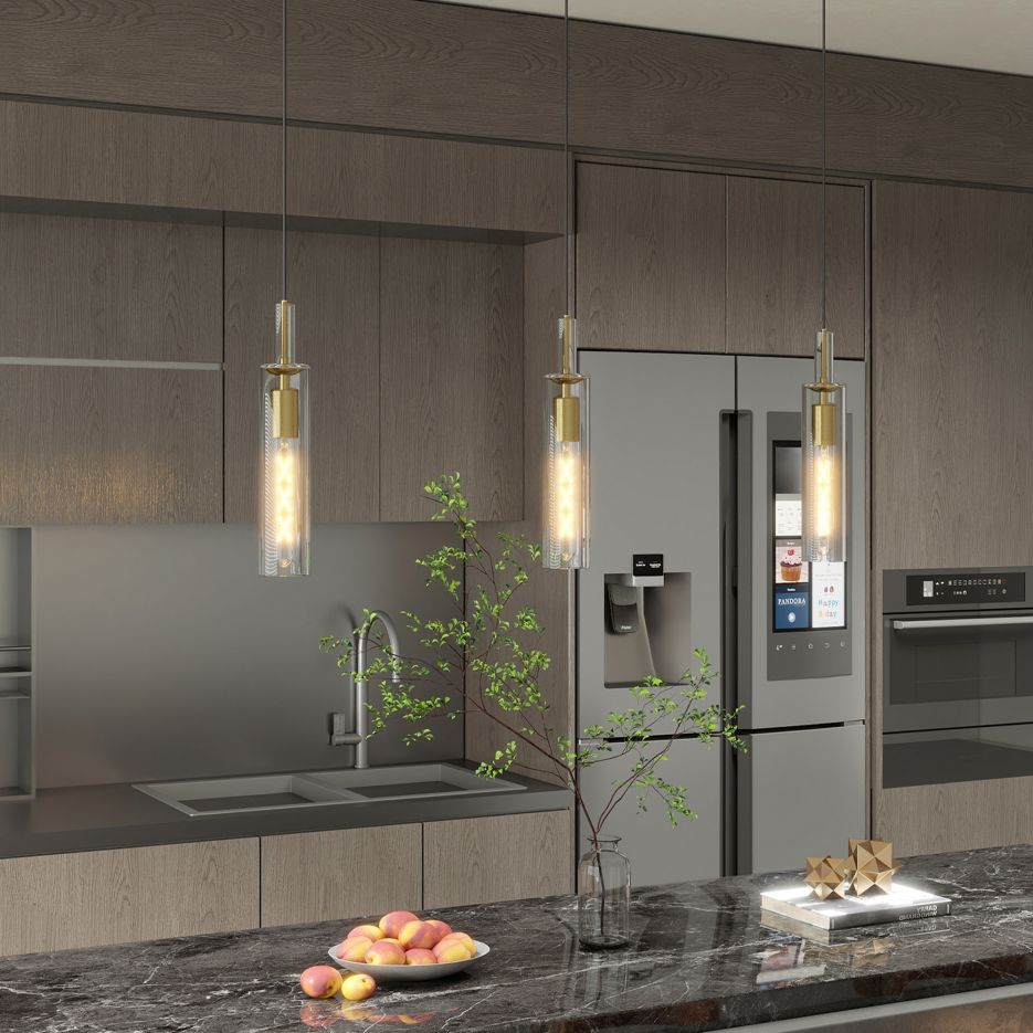 Gold Pendant Lights, Set of 3 — Striped Glass Shades