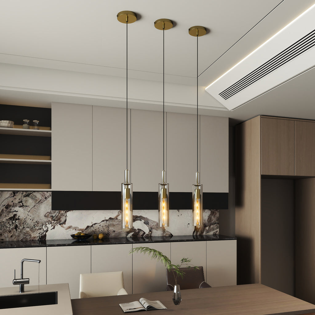 Gold Pendant Lights, Set of 3 — Striped Glass Shades