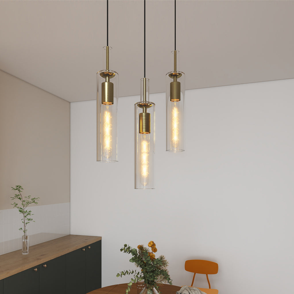 Gold Pendant Lights, Set of 3 — Striped Glass Shades
