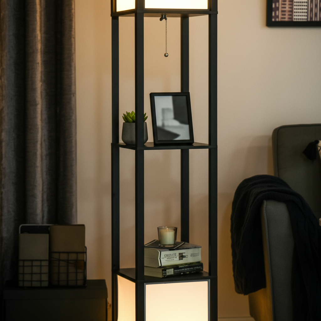 Shelf Floor Lamp with Dual Light — Display Shelves, Matte Black