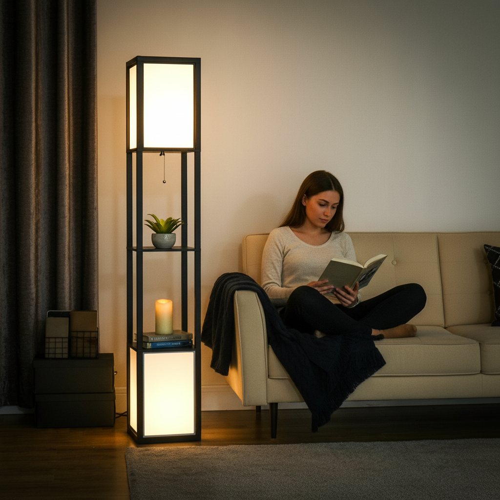 Shelf Floor Lamp with Dual Light — Display Shelves, Matte Black